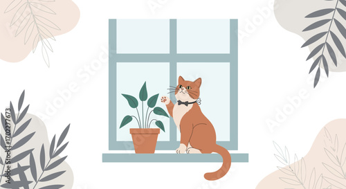 Cute cat in bow tie looking at a plant pot near a window, illustration