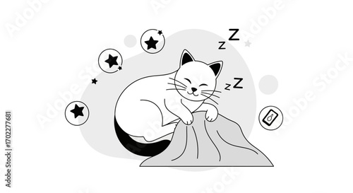 Cute cat sleeping peacefully on blanket with stars vector illustration design