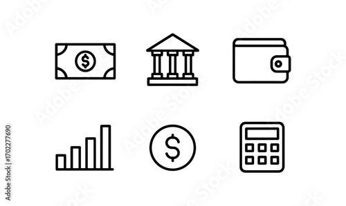 Minimalist finance icons: money, bank, wallet, graph, dollar, calculator