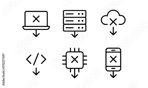 Linear black technology icons: laptop, server, cloud, code, chip, smartphone with downward arrows