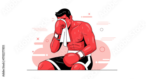 Exhausted Boxer Resting After a Hard Fight Wiping Sweat with Towel in Hand