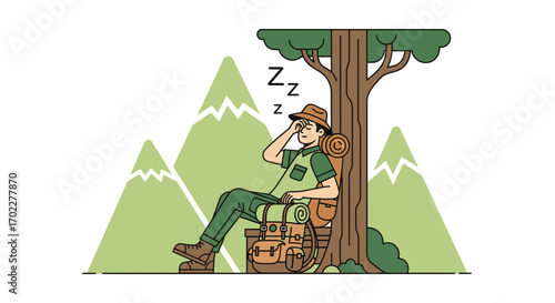 Exhausted Hiker Resting Under a Tree, Dreaming of Mountain Adventures, Seeking Reprieve
