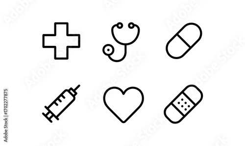 Minimalist healthcare icons set: stethoscope, medicine, first aid, injection