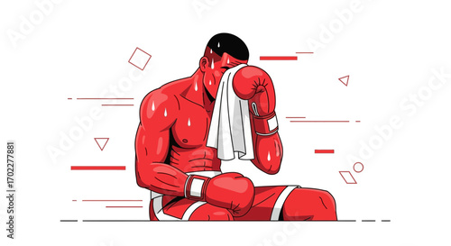 Exhausted Boxer Resting Between Rounds, Red Figure Wiping Sweat in the Ring
