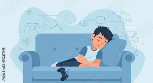Exhausted After Fun Gaming, Boy Sleeping on Couch, Relax, Blue Background.