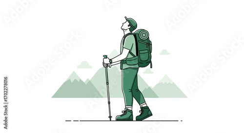 Explorer With Backpack Gaining Altitude Along Mountain Range Illustration Outdoors Activity