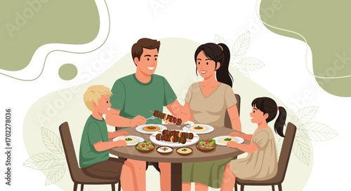 Family enjoying a meal together around a table, vector illustration of a happy family