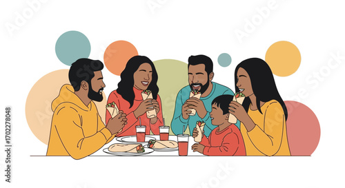 Family Enjoying a Meal Together at a Restaurant, Eating and Sharing Food and Happiness
