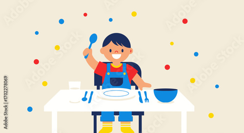 Cute little boy celebrating meal time while sitting at table ready for dinner