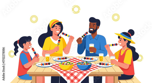 Family Enjoying Barbecue Skewers Together At A Wooden Outdoor Picnic Table