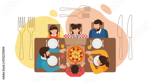 Family enjoying pizza together at the table at home, top view flat vector illustration
