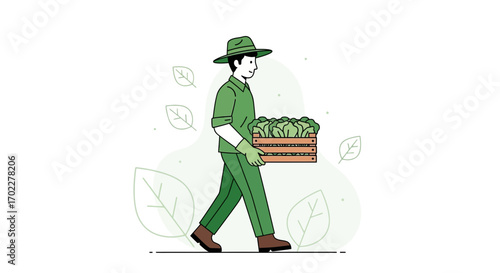 Farmer carrying a crate of vegetables in a vector illustration on a white background