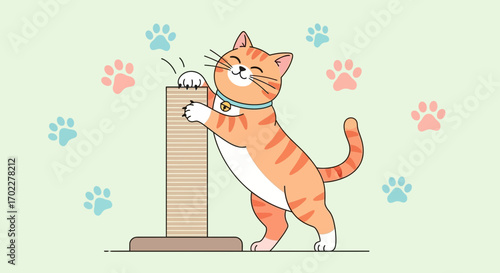Cute orange cat playing on a scratching post, paw prints in background, cartoon design