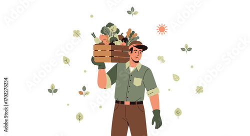 Farmer carrying a crate of vegetables, representing organic food and healthy lifestyle