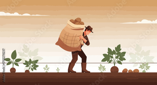 Farmer Carrying A Sack Of Harvested Potatoes In The Field During The Day