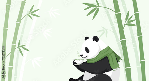 Cute panda relaxing in a bamboo forest and enjoying a cup of tea peacefully