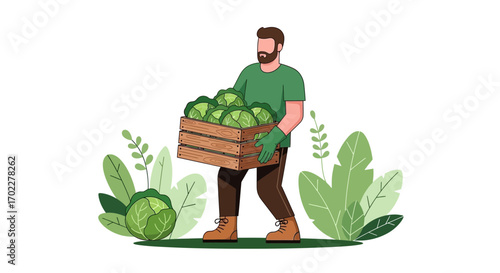 Farmer carrying a wooden crate of cabbages, illustrating fresh produce and agriculture