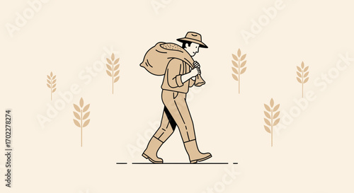 Farmer Carrying Sack Of Harvested Grain Amidst Wheat Stalks In a Field Artwork