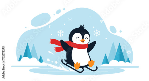 Cute penguin enjoying winter fun sliding on ice and wearing a scarf