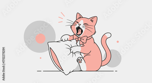 Cute pink cat yawning while hugging a pillow, vector illustration and cartoon design