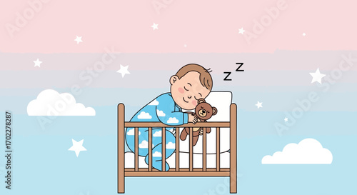 Cute sleeping baby in crib with teddy bear, illustration for kids and baby care