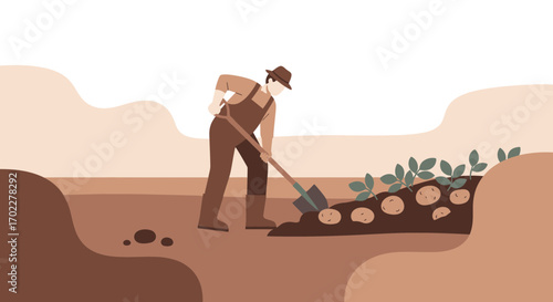 Farmer Cultivating Potatoes in Garden Representing Agriculture and Harvest Season, Farming Life