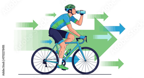 Cyclist drinking water while riding his bicycle with green arrow background