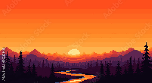 Pixelated Sunset Over Mountain Range