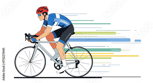 Cyclist In Full Gear Racing Against Time Depicted With Speed Lines On White Background