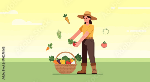 Farmer Harvesting Fresh Vegetables And Creating A Generous Basket Of Produce