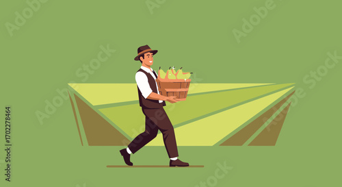 Farmer Harvesting Pears in a Basket on a Field with Green Background