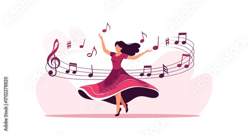 Dancing Woman Around Musical Notes Conceptual Illustration For Artistic Expression And Joyful