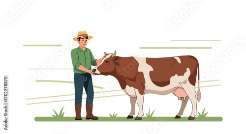 Farmer Interacting With A Cow Depicting Serenity And The Essence Of Rural Life
