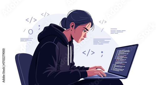 Dedicated Young Woman Coding Software Using Laptop Working On A Digital Project