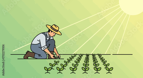 Farmer tending to crops in the field enjoying the sunlight and a beautiful day, farm work