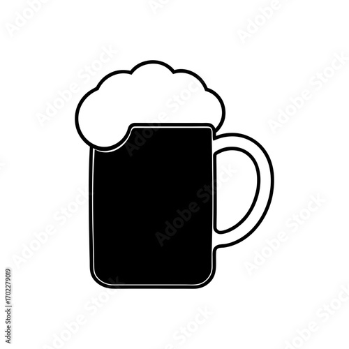 Black silhouette of a beer mug with foam on transparent background