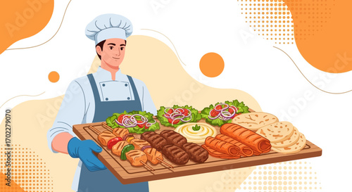 Delicious Food Platter Offered by Smiling Chef Freshly Prepared on a Wooden Tray
