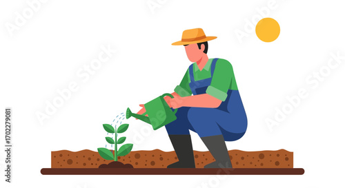 Farmer Watering Seedling, Illustrating Gardening, Cultivation, and Plant Growth in Sunlight