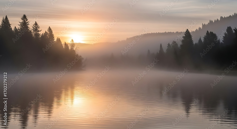 Fototapeta premium Misty Lake Sunrise - A Serene Reflection of Natures Beauty.