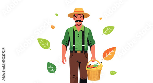 Farmer with Basket of Fruits and Vegetables in a Simple and Clean Vector Illustration