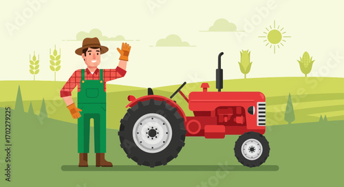 Farmer with Red Tractor in field, agriculture and farming illustration