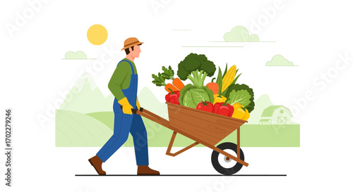 Farmer with wheelbarrow full of vegetables harvesting fresh produce for farm to table