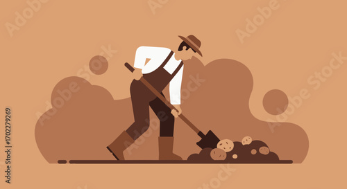 Farmer Working Hard, Harvesting Potatoes With Shovel, Agricultural Season, Farming and Cultivation