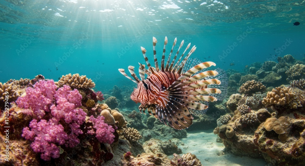 Obraz premium Lionfish swims through a vibrant coral reef with sunbeams