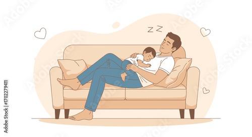 Father and baby sleeping peacefully together on a couch, embracing love, and connection