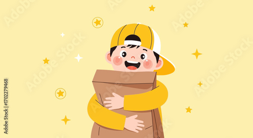 Delivery Kid Hugging A Package With Stars And A Yellow Background