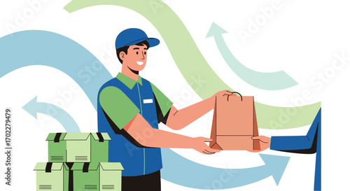 Delivery man handing package to a customer with boxes and arrows symbolizing progress