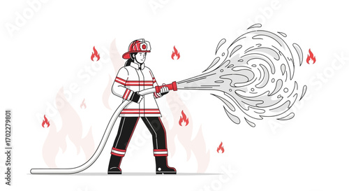 Female firefighter spraying water on fire fighting illustration in vector style