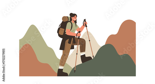 Female Hiker Ascends Mountain Terrain, Demonstrating Perseverance and Outdoor Adventure