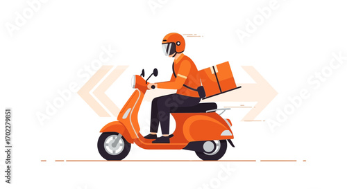 Delivery service illustration featuring a courier on a scooter carrying a package to its destination